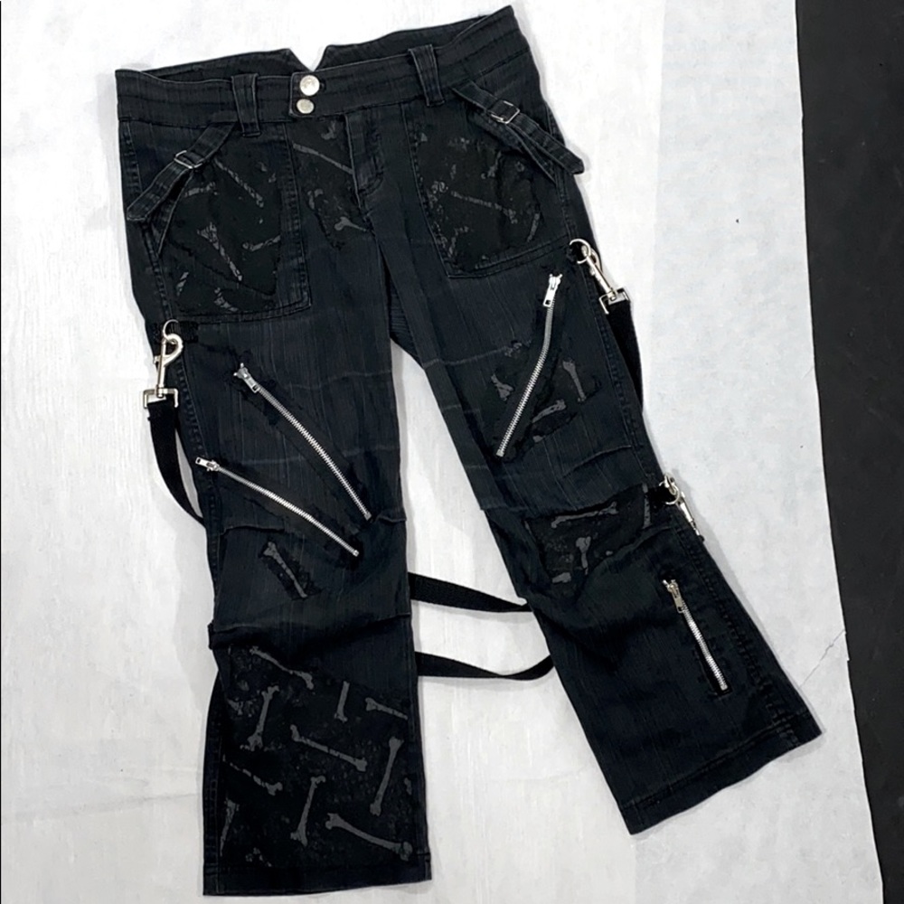 Boneyard black denim moto bondage strap pants
